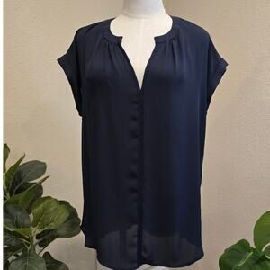 Philosophy Blouse Women’s Large Navy Blue Split Neck Cap Sleeve Top